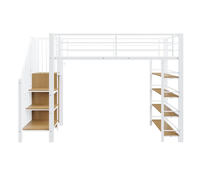 Cama alta 90*200 cm - com escada de segurança, arrumação, pequeno armário, prateleiras, design com cerca alta - branco