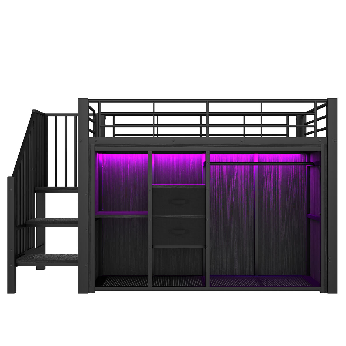 Cama loft 90x200 cm - 2 gavetas, armário aberto, led multicolorido, arrumação - preto