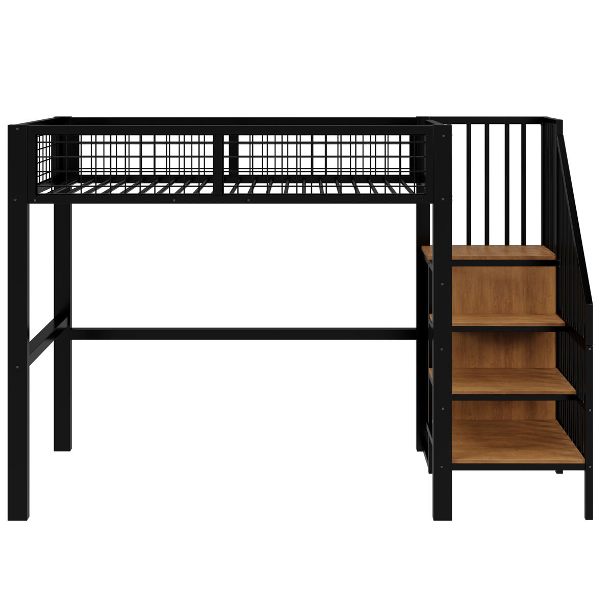 Cama alta 90*200 - com escada, cama infantil com estrutura de ferro e prateleira de arrumação - preto