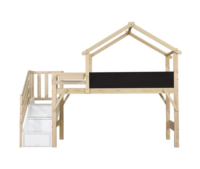 Cama mezzanine em madeira 90x200 cm - com ardósia e escada de arrumação - natural