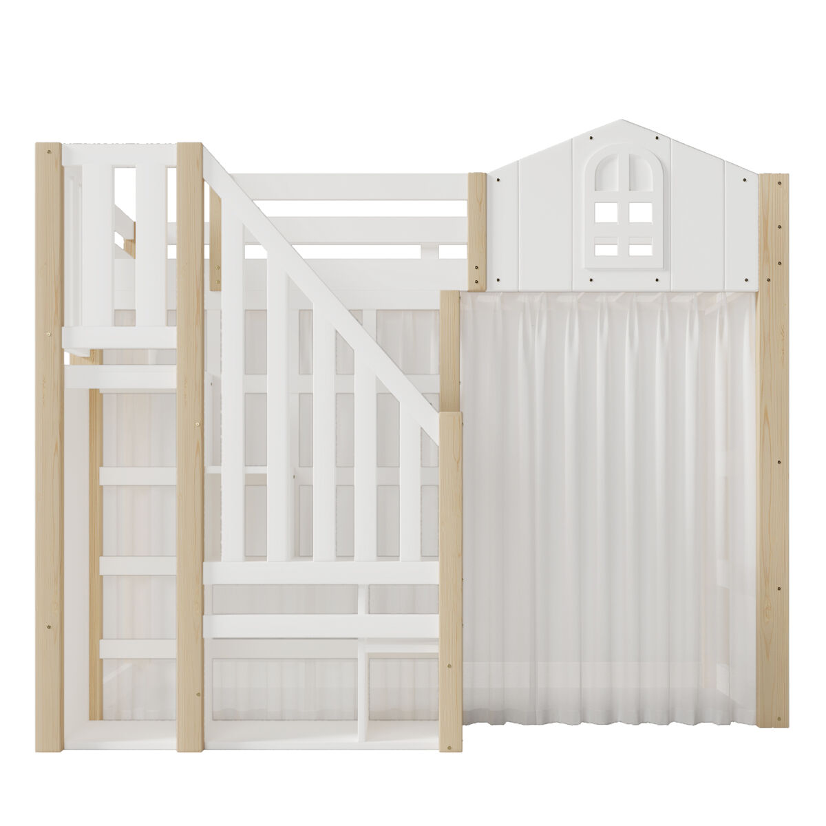 Cama loft 90x200 cm - com luzes led, formato de janela, escada com espaço de arrumação, branco + natural