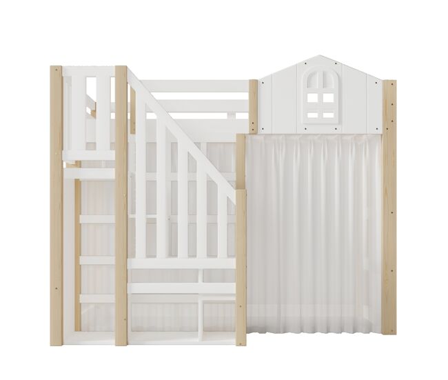 Cama loft 90x200 cm - com luzes led, formato de janela, escada com espaço de arrumação, branco + natural