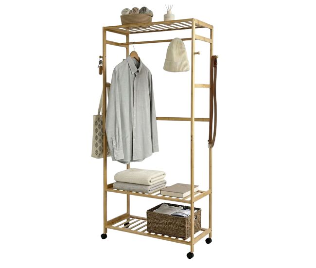 Cabideiro de bambu com 4 rodízios, ideal para quarto, banheiro ou closet aberto, cor marrom, 78x169x37 cm