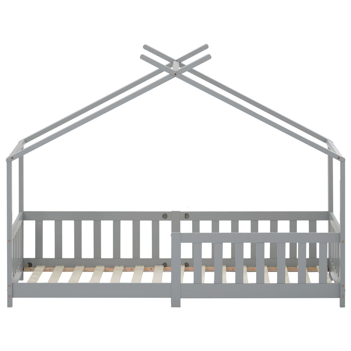 Cabina-cama para crianças 90x200cm em madeira maciça com proteção anti-queda e estrado de ripas - cinzento