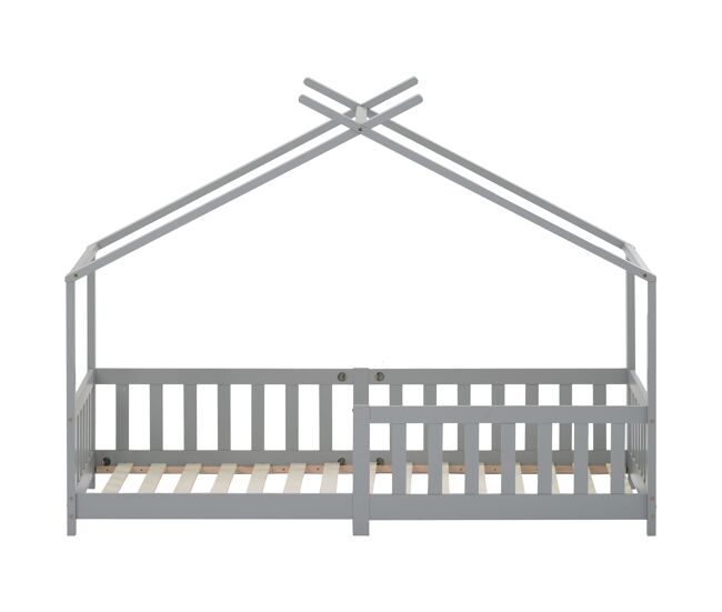 Cabina-cama para crianças 90x200cm em madeira maciça com proteção anti-queda e estrado de ripas - cinzento