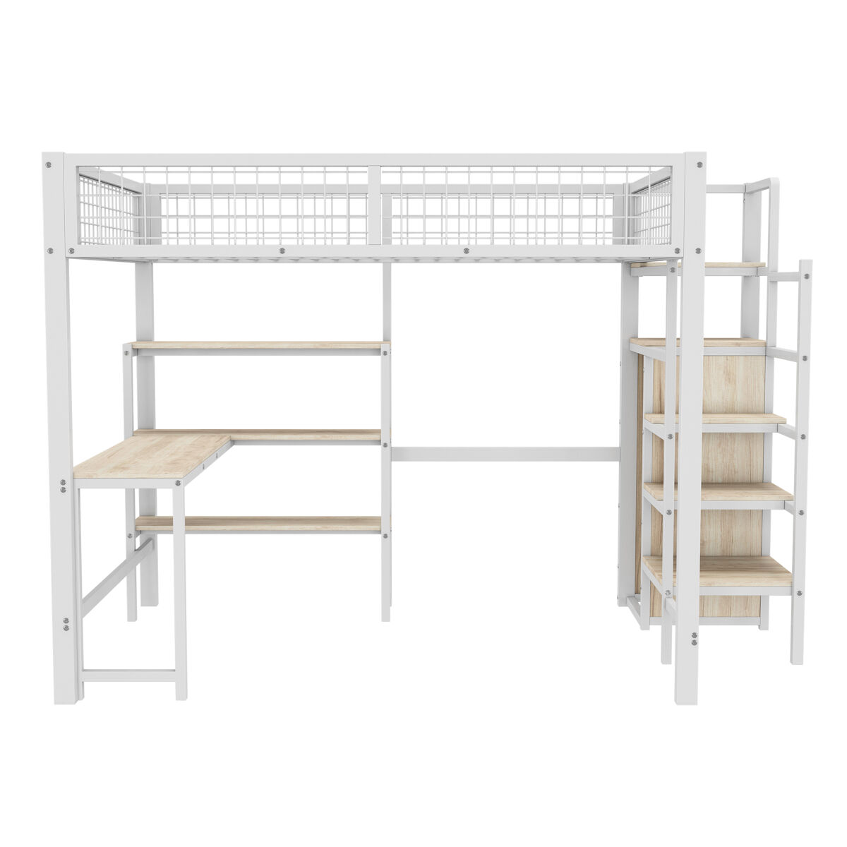 Cama alta 140x200 cm - estrutura em ferro - com secretária e prateleiras - branco