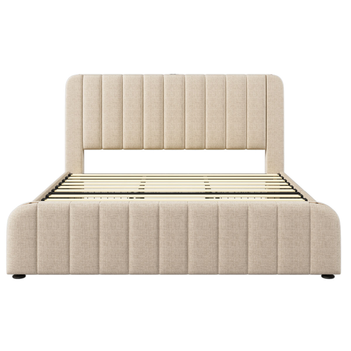 Cama com gavetas 180x200 cm em tecido de linho - com carregamento usb e tipo c - decorada com riscas douradas - bege