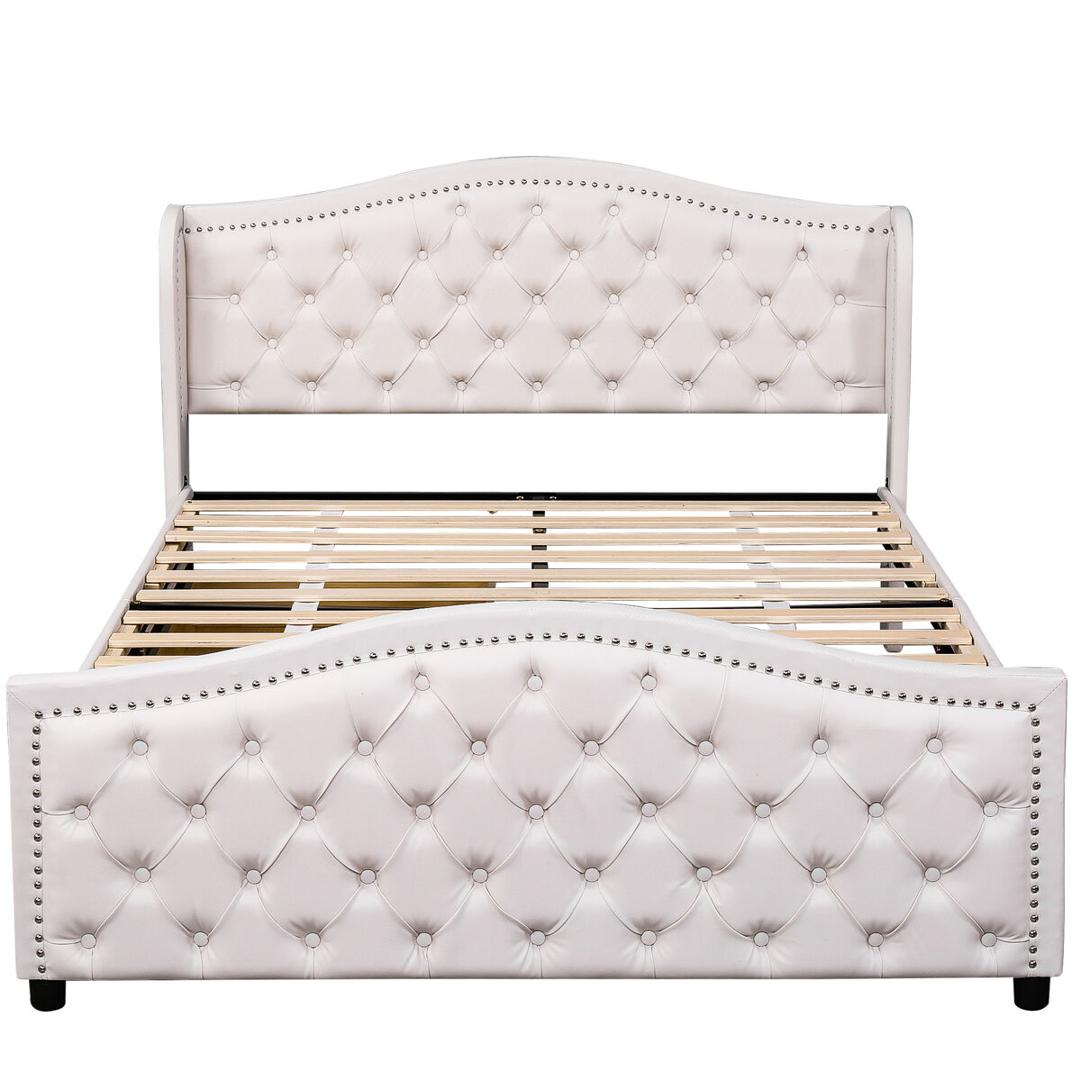Cama de adulto estofada em pele - 140x200cm - com 2 gavetas - blanc