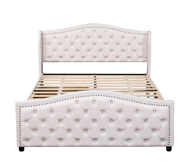 Cama de adulto estofada em pele - 140x200cm - com 2 gavetas - blanc