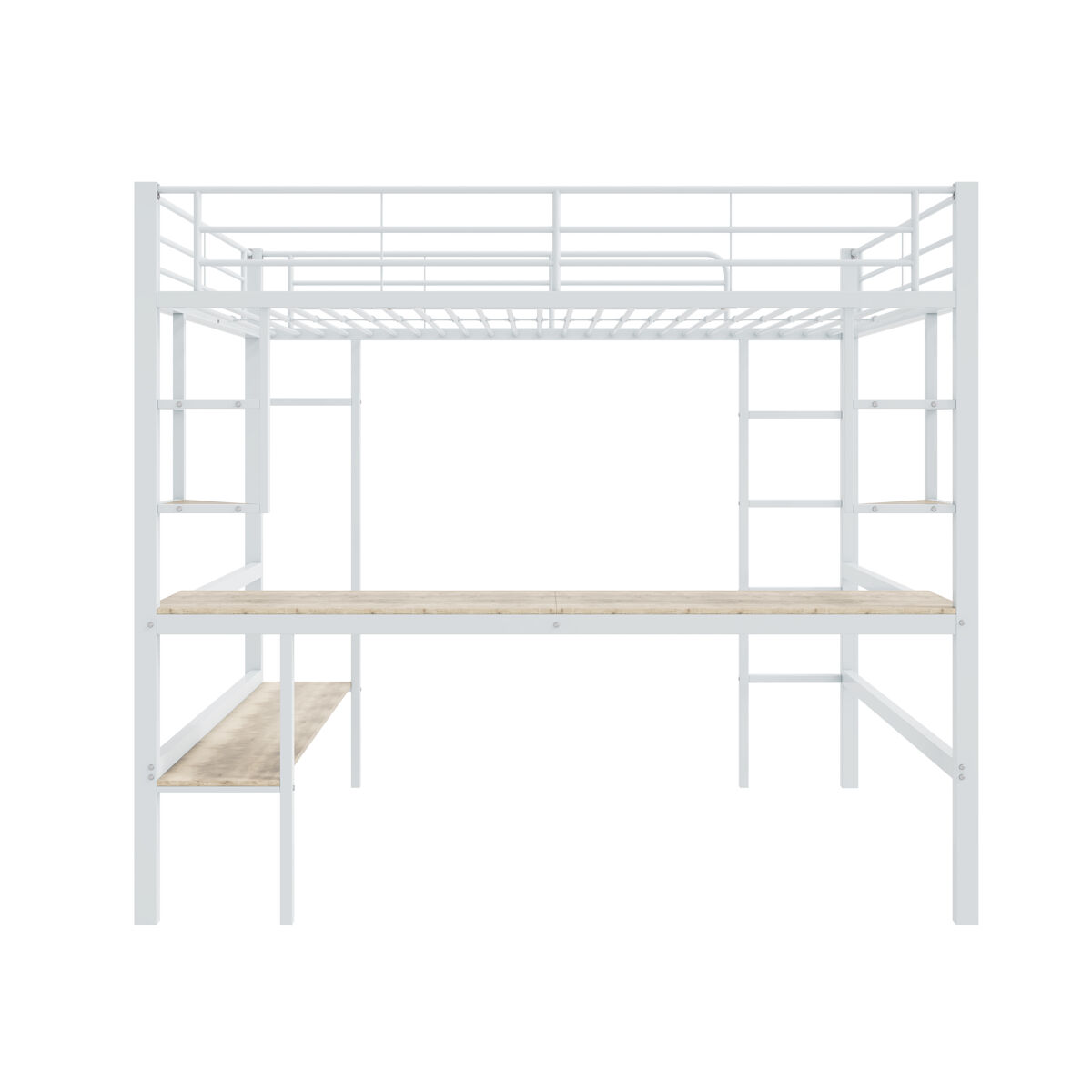 Cama mezzanine em ferro - 140x200 cm - com secretária e 5 prateleiras - branco