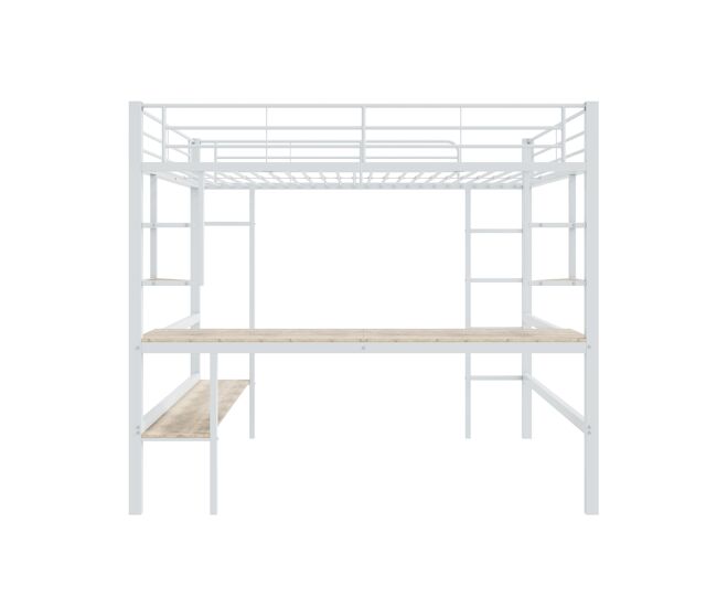 Cama mezzanine em ferro - 140x200 cm - com secretária e 5 prateleiras - branco
