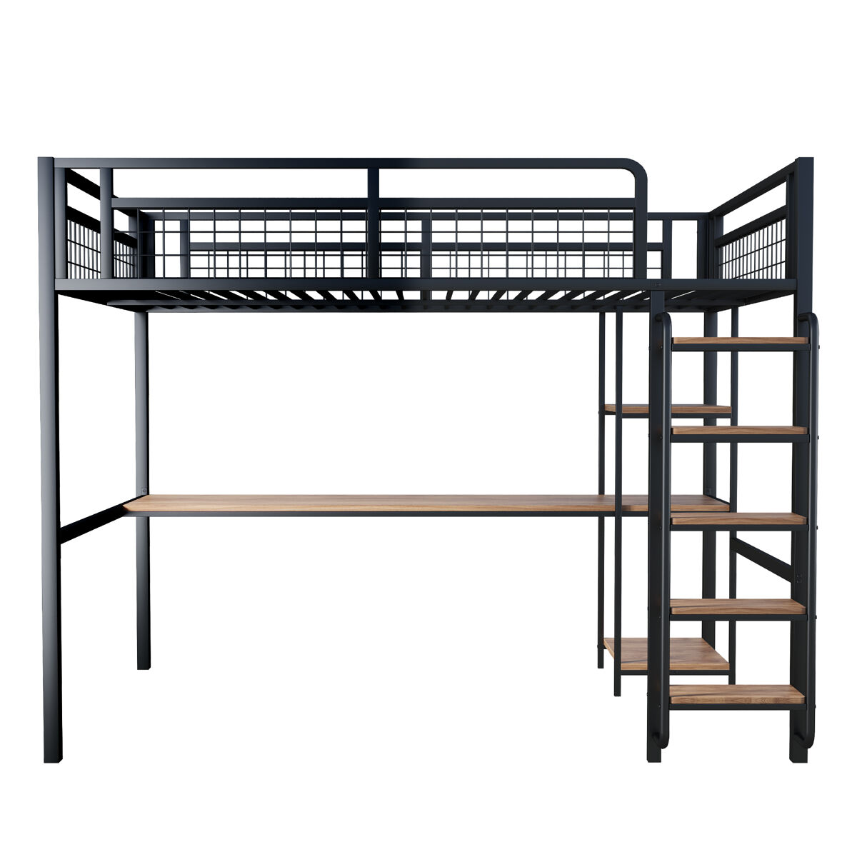 Cama alta metálica 140x200 cm - com secretária e escada de segurança - preto