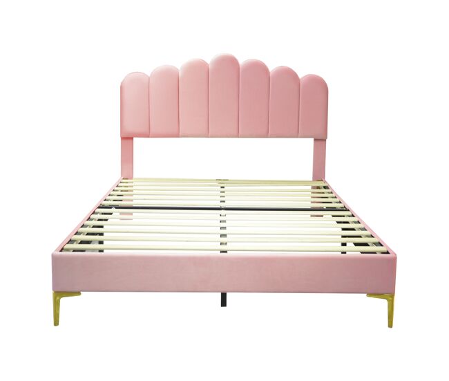 Cama estofada em veludo 140x200cm com estrado de ripas - cabeceira regulável - rosa