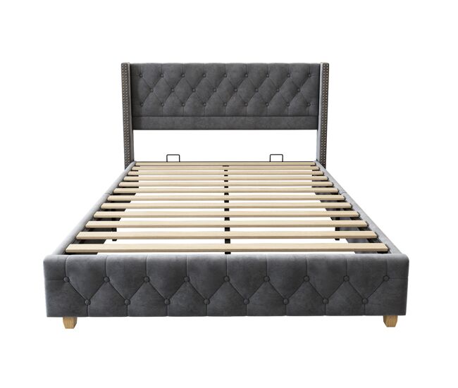 Cama de adulto estofada em veludo - 140x190 cm - com estrado de molas - cinzento