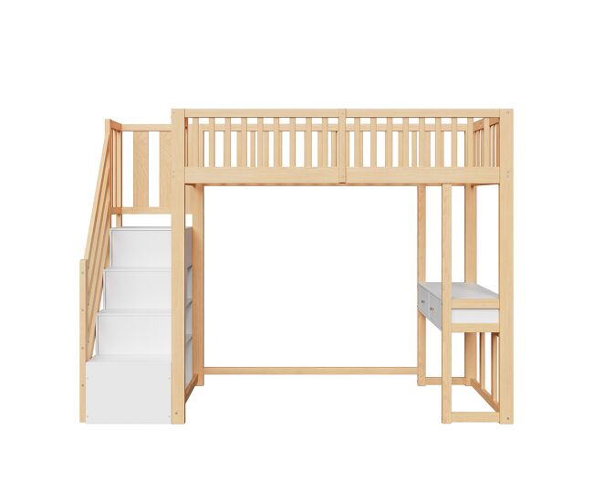 Cama alta 90x200 cm - mesa multifuncional, escada de armazenamento segura - branco e carvalho claro