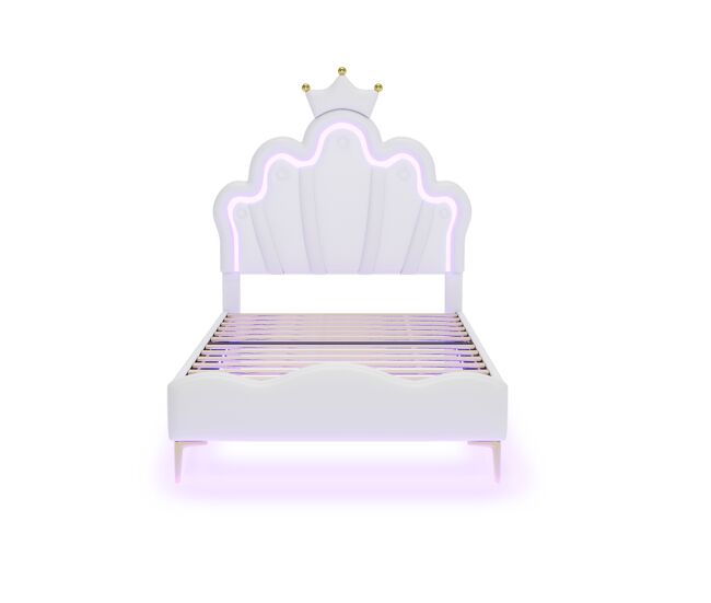 Cama de criança 90x200cm com led - cama de princesa com almofada de pele sintética - branco