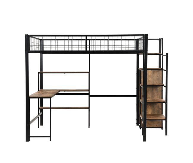 Cama alta 140x200 cm - estrutura em ferro - com secretária e prateleiras - preto