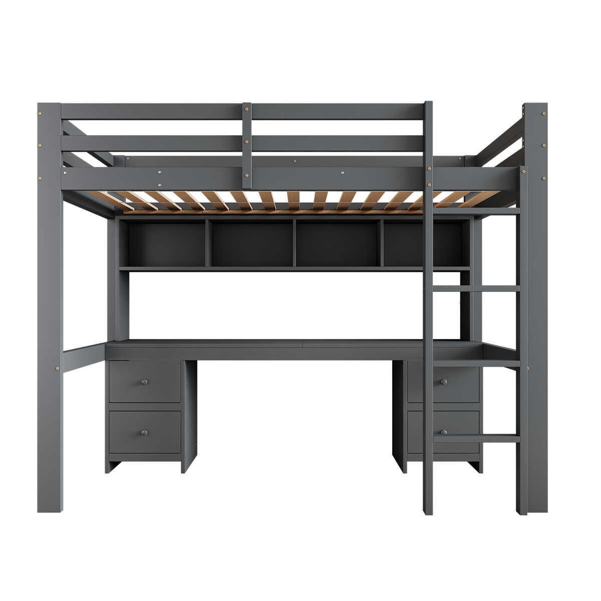 Cama mezzanine 90x200 cm - com secretária e 2 cómodas - pinho maciço e mdf - cinzento