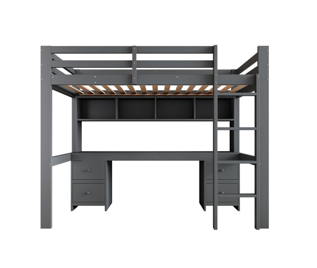 Cama mezzanine 90x200 cm - com secretária e 2 cómodas - pinho maciço e mdf - cinzento