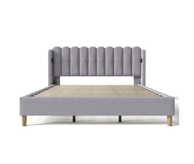 Cama estofada em linho 180x200 cm - com portas de carga e estrado - cinzento