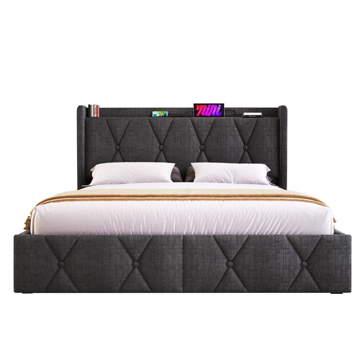 Cama estofada em linho 140x200cm - com 4 gavetas e portas de carregamento usb - cinzento (colchão não incluído)
