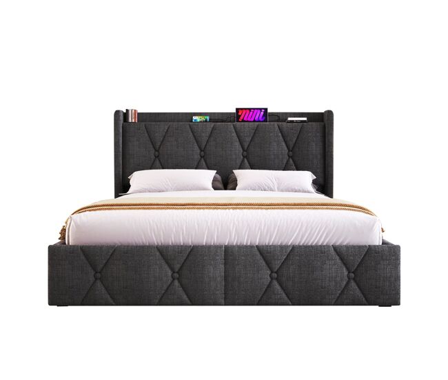 Cama estofada em linho 140x200cm - com 4 gavetas e portas de carregamento usb - cinzento (colchão não incluído)