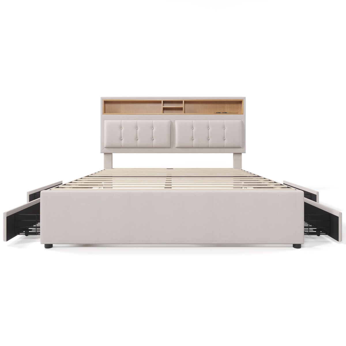 Cama de adulto estofada com 4 gavetas e porta de carregamento usb - 140x200cm - tecido de linho - bege