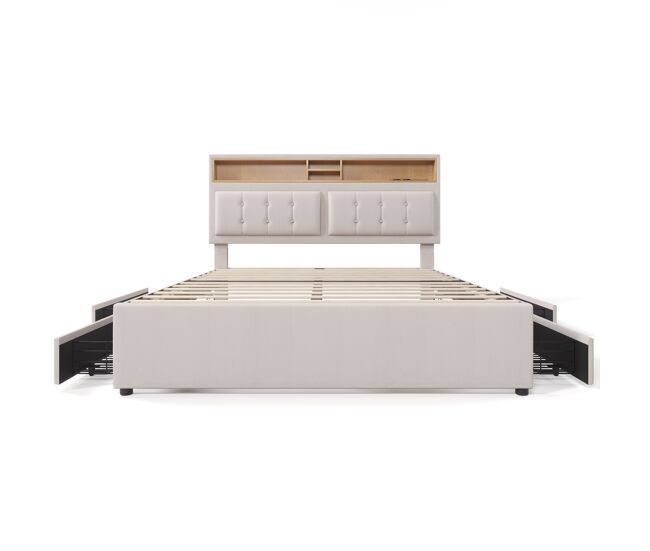 Cama de adulto estofada com 4 gavetas e porta de carregamento usb - 140x200cm - tecido de linho - bege