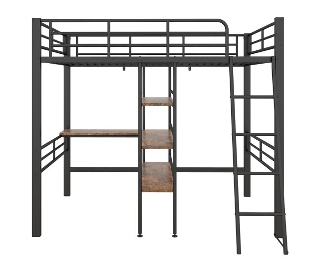 Cama alta 90x200 cm - com secretária e prateleiras para arrumação - preto