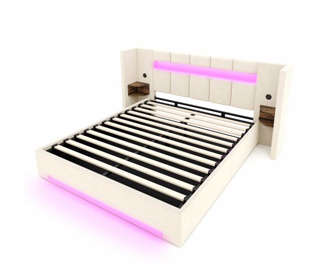 Cama multifuncional 160x200 cm - cabeceira larga, 2 portas usb, armário embutido, luz led, sistema hidráulico e amplo espaço de arrumação debaixo da