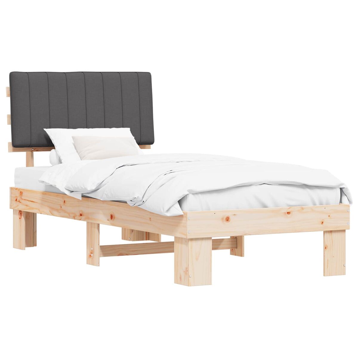 Estrutura de cama de solteiro para adultos com cabeceira estofada cinza escuro