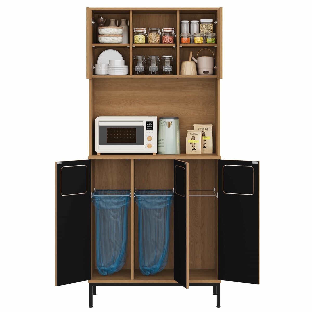 Armário para lixo 80x35x181 cm - armário de cozinha de 3 portas com separação de resíduos, móvel alto com acabamento em carvalho, 3 compartimentos para triagem, étagère para micro-ondas e espaço de arrumação para aspirateur - natural