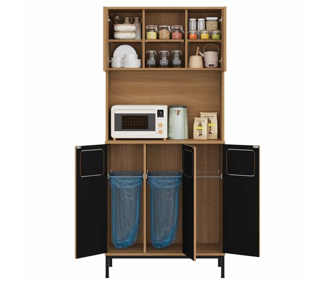 Armário para lixo 80x35x181 cm - armário de cozinha de 3 portas com separação de resíduos, móvel alto com acabamento em carvalho, 3 compartimentos para triagem, étagère para micro-ondas e espaço de arrumação para aspirateur - natural