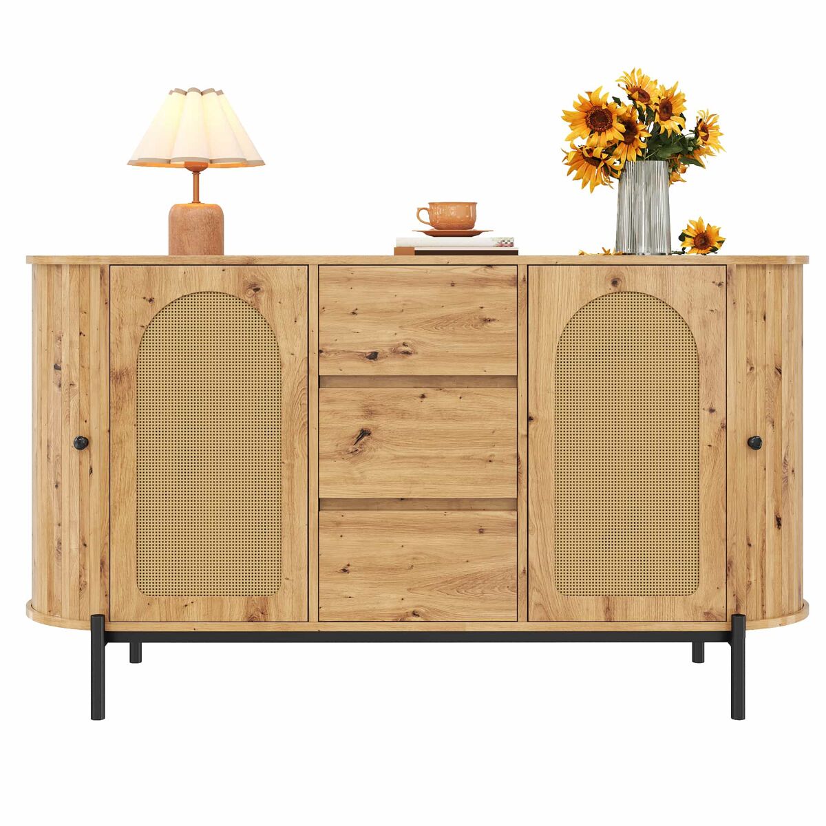 Aparador oval - com rattan, portas de correr, gavetas e étagères ajustáveis, acabamento em imitação de madeira, pés metálicos, armário de arrumação multifuncional - natural