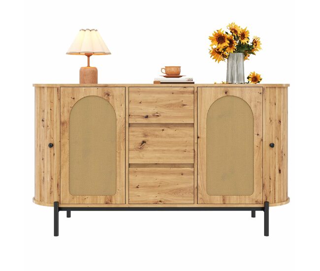 Aparador oval - com rattan, portas de correr, gavetas e étagères ajustáveis, acabamento em imitação de madeira, pés metálicos, armário de arrumação multifuncional - natural