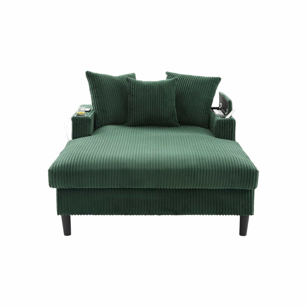Sofá lounge de 1 lugar - multifuncional com chaise longue, porta-copos, iluminação led, espaço de arrumação e porta usb - verde-esmeralda