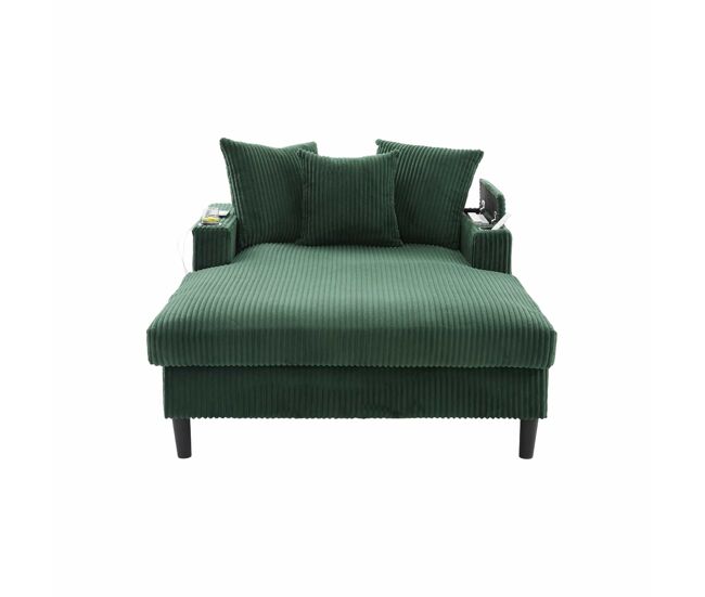 Sofá lounge de 1 lugar - multifuncional com chaise longue, porta-copos, iluminação led, espaço de arrumação e porta usb - verde-esmeralda