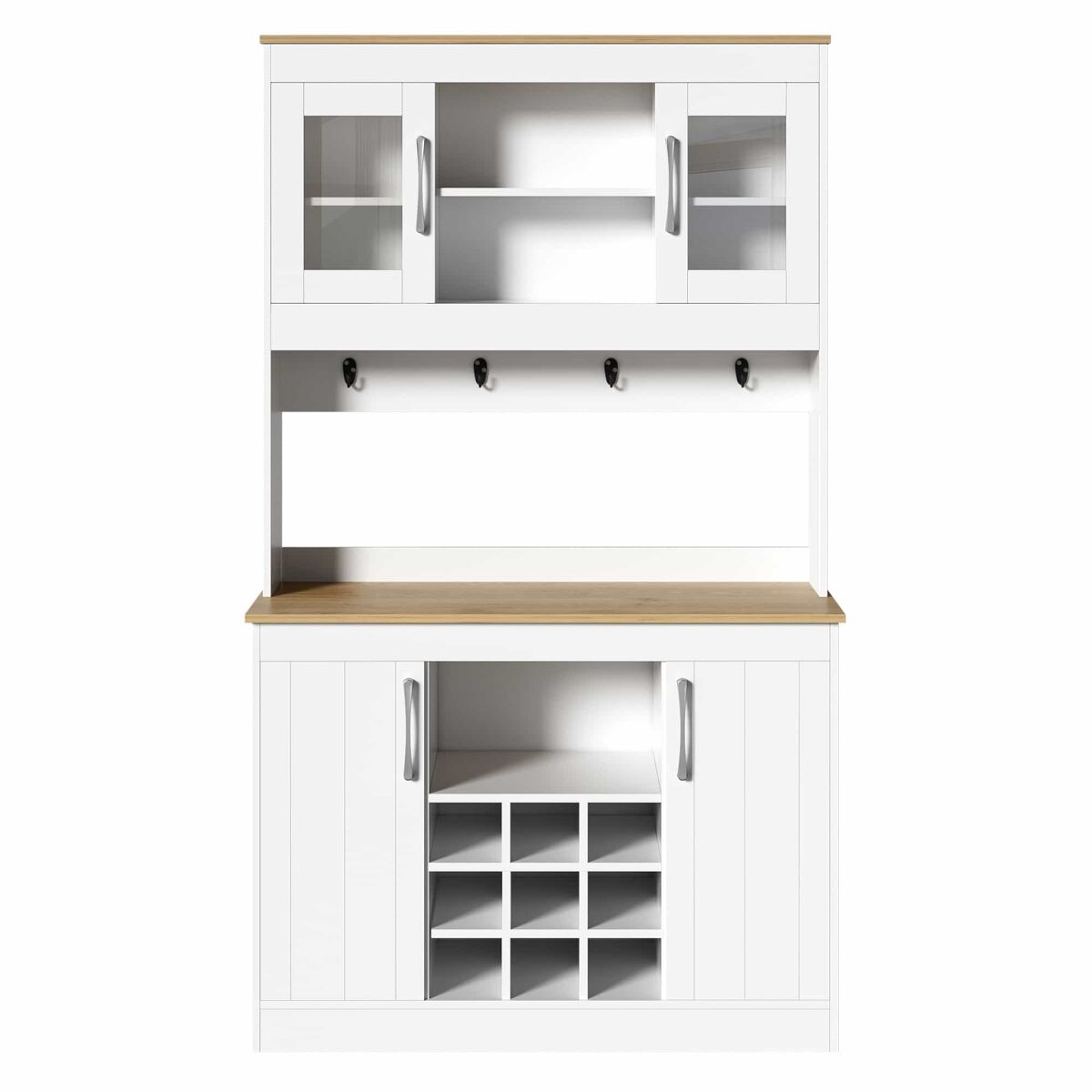 Aparador de cozinha de 175 cm – com vitrina de vidro, suporte para garrafas e barra com ganchos, armário multifuncional para cozinha, sala de jantar e