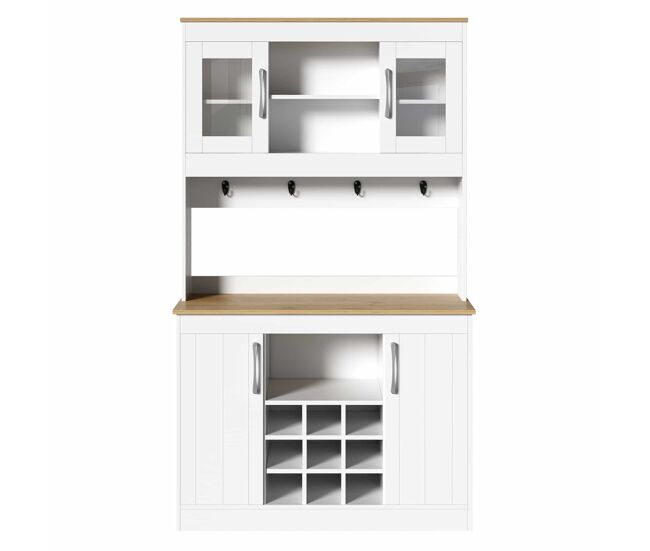 Aparador de cozinha de 175 cm – com vitrina de vidro, suporte para garrafas e barra com ganchos, armário multifuncional para cozinha, sala de jantar e