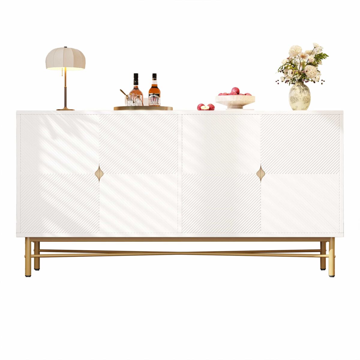 Aparador 160 x 40 x 82 cm - textura em relevo, quatro portas, puxadores dourados escovados, pés com acabamento de alto brilho - branco