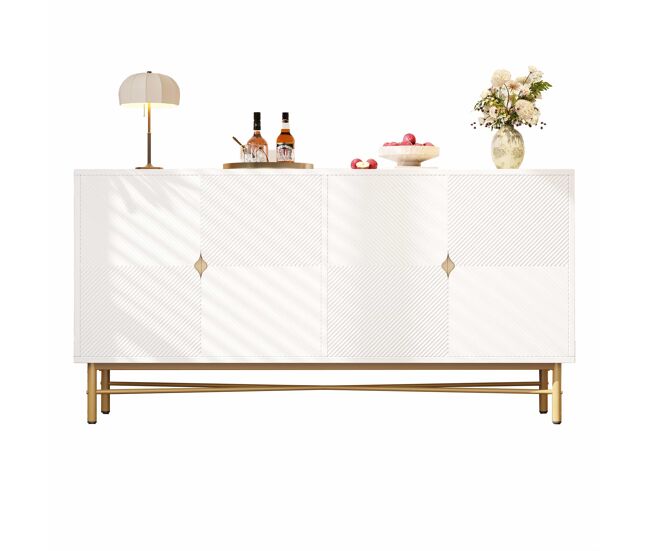 Aparador 160 x 40 x 82 cm - textura em relevo, quatro portas, puxadores dourados escovados, pés com acabamento de alto brilho - branco