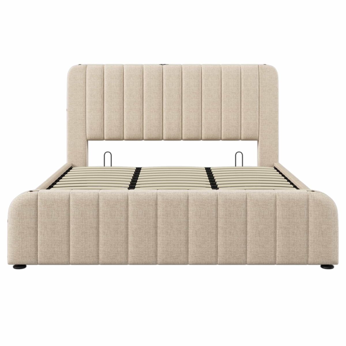 Cama estofada 180x200 cm - cabeceira acolchoada com faixas douradas, porta usb tipo c, arrumação hidráulica - bege