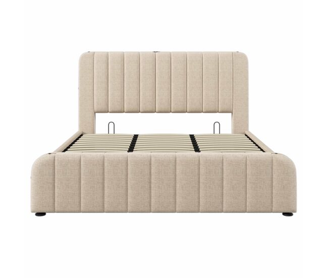 Cama estofada 180x200 cm - cabeceira acolchoada com faixas douradas, porta usb tipo c, arrumação hidráulica - bege