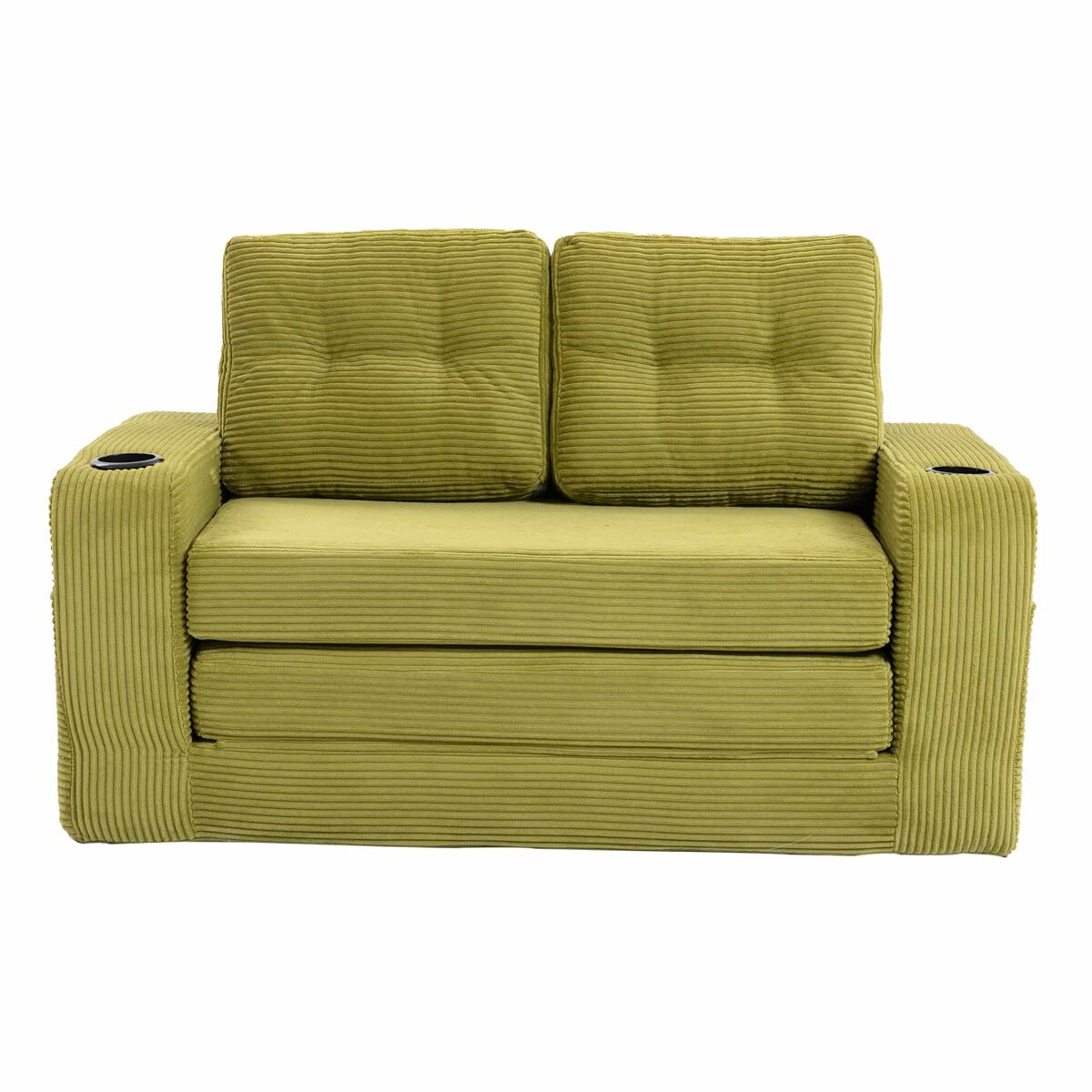 Sofá pufe de 2 lugares - conversível, sem estrutura, com porta-copos e bolsos laterais, almofadas acolchoadas com encosto - verde-oliva