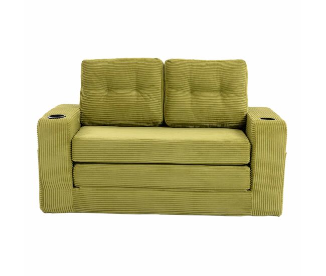 Sofá pufe de 2 lugares - conversível, sem estrutura, com porta-copos e bolsos laterais, almofadas acolchoadas com encosto - verde-oliva