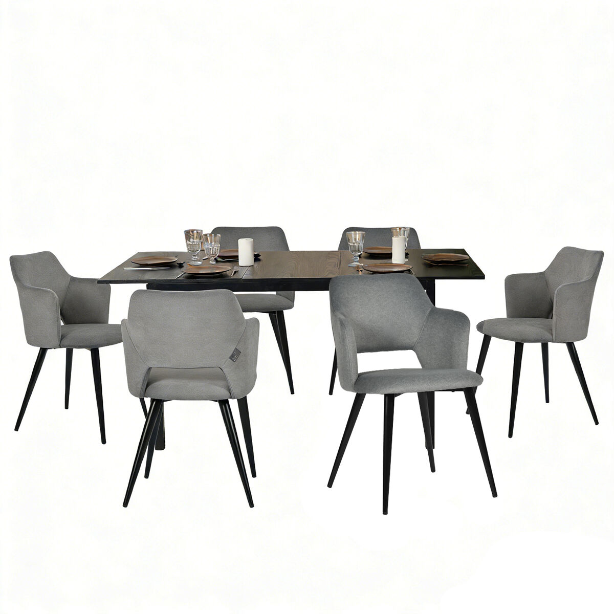 Meubles cosy conjunto jantar mesa extensível 120-160 cm e conjunto de 6 cadeiras com apoios de braços, tecido pet-friendly, preto e cinzento claro
