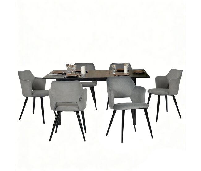 Meubles cosy conjunto jantar mesa extensível 120-160 cm e conjunto de 6 cadeiras com apoios de braços, tecido pet-friendly, preto e cinzento claro