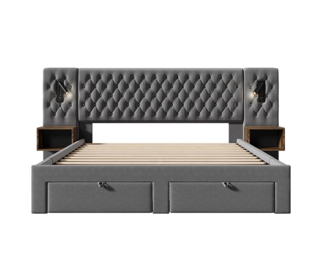 Conjunto completo para quarto 160x200 cm - cama estofada com 2 mesas de cabeceira, 4 gavetas, luz led com porta usb - cinza