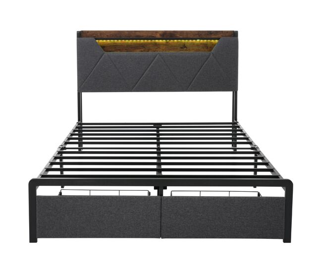 Cama de casal 140x200cm - cabeceira com arrumação, função de carregamento usb tipo c, iluminação led e 4 gavetas - cinza