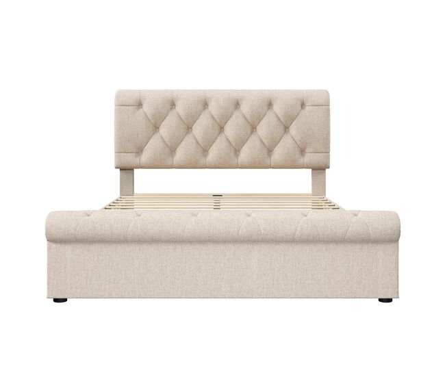 Cama estofada 140x200 cm - estrutura com 4 gavetas e cabeceira ajustável - natural